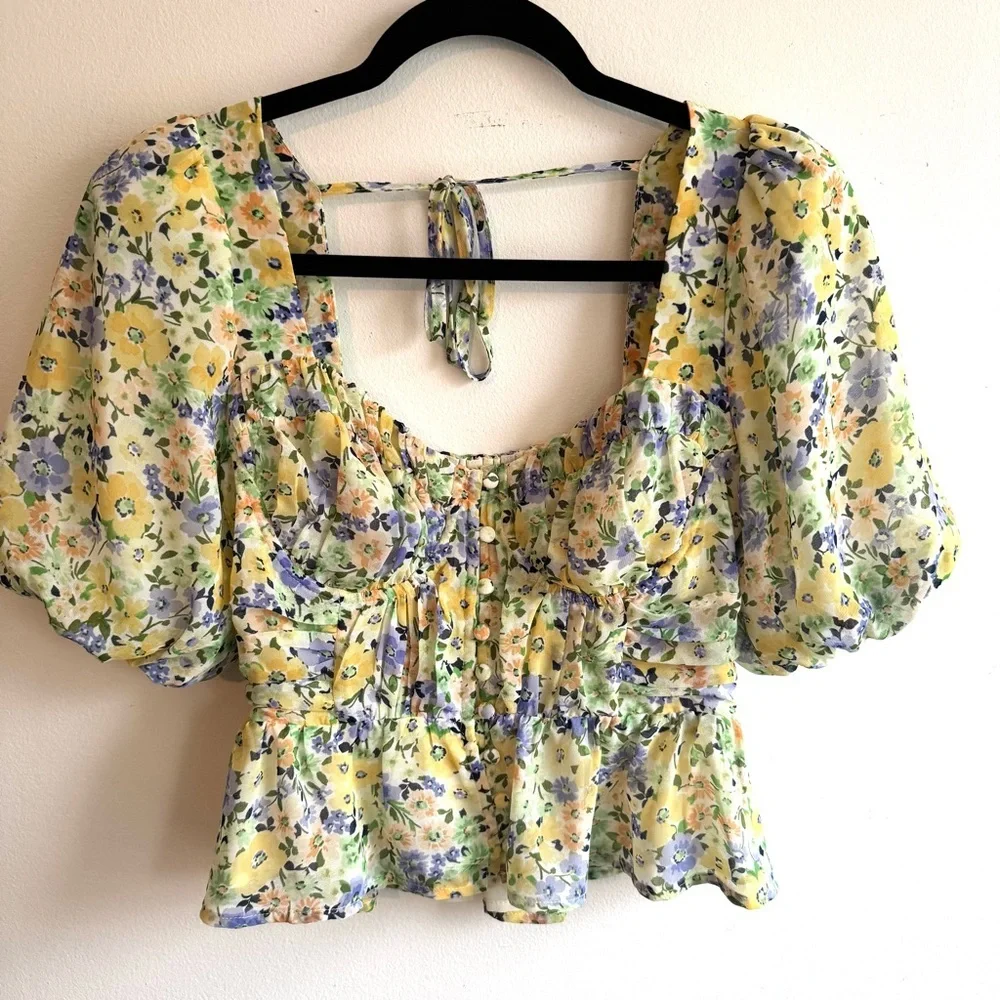 Astr Floral Puff-Sleeve Peplum Milkmaid Babydoll Top in Yellow and Lavender - Picture 2 of 11